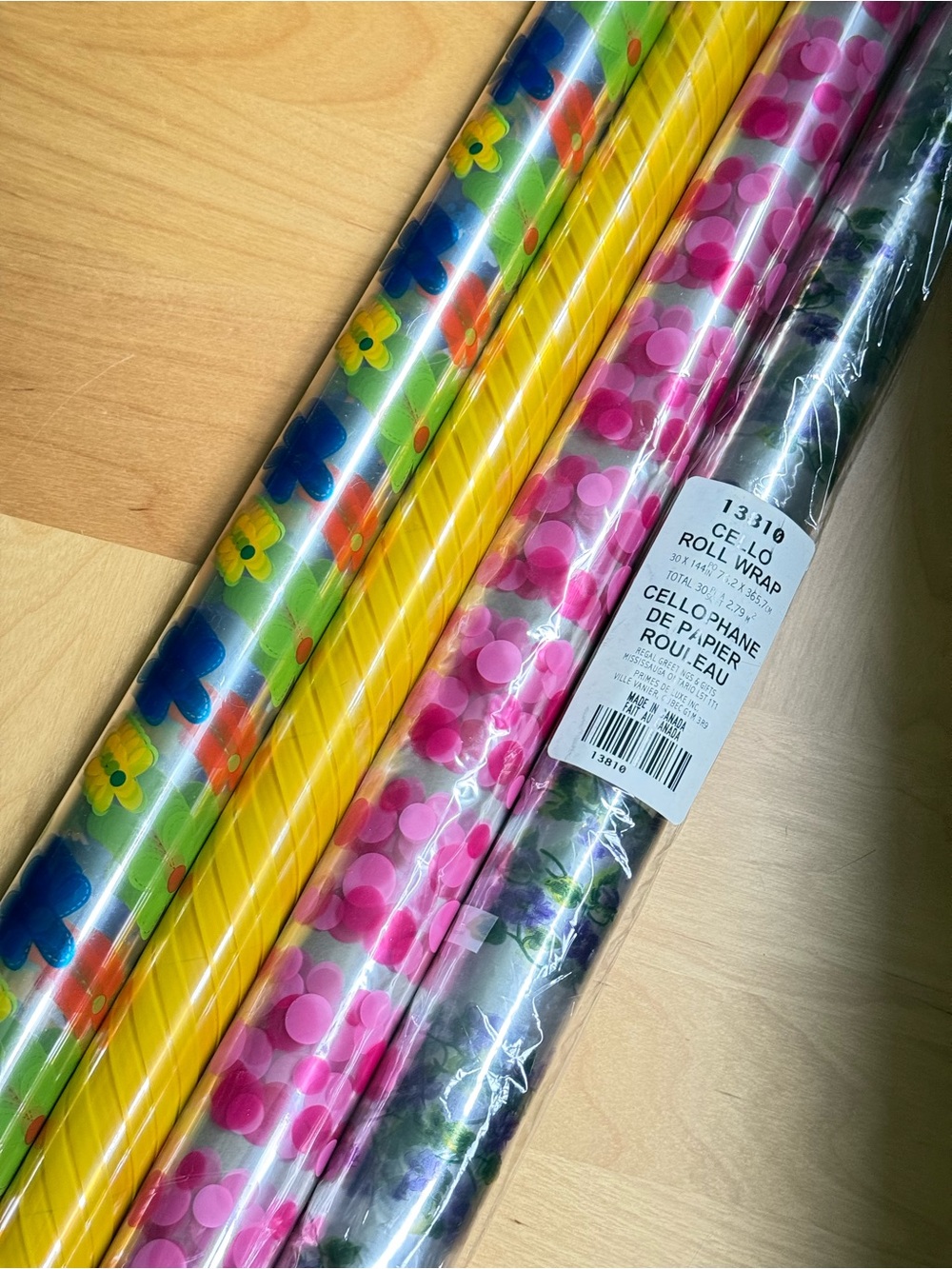 Set of 4 Y2K Transparent Cellophane Gift Wrap Floral Daisy Striped Polka Dots